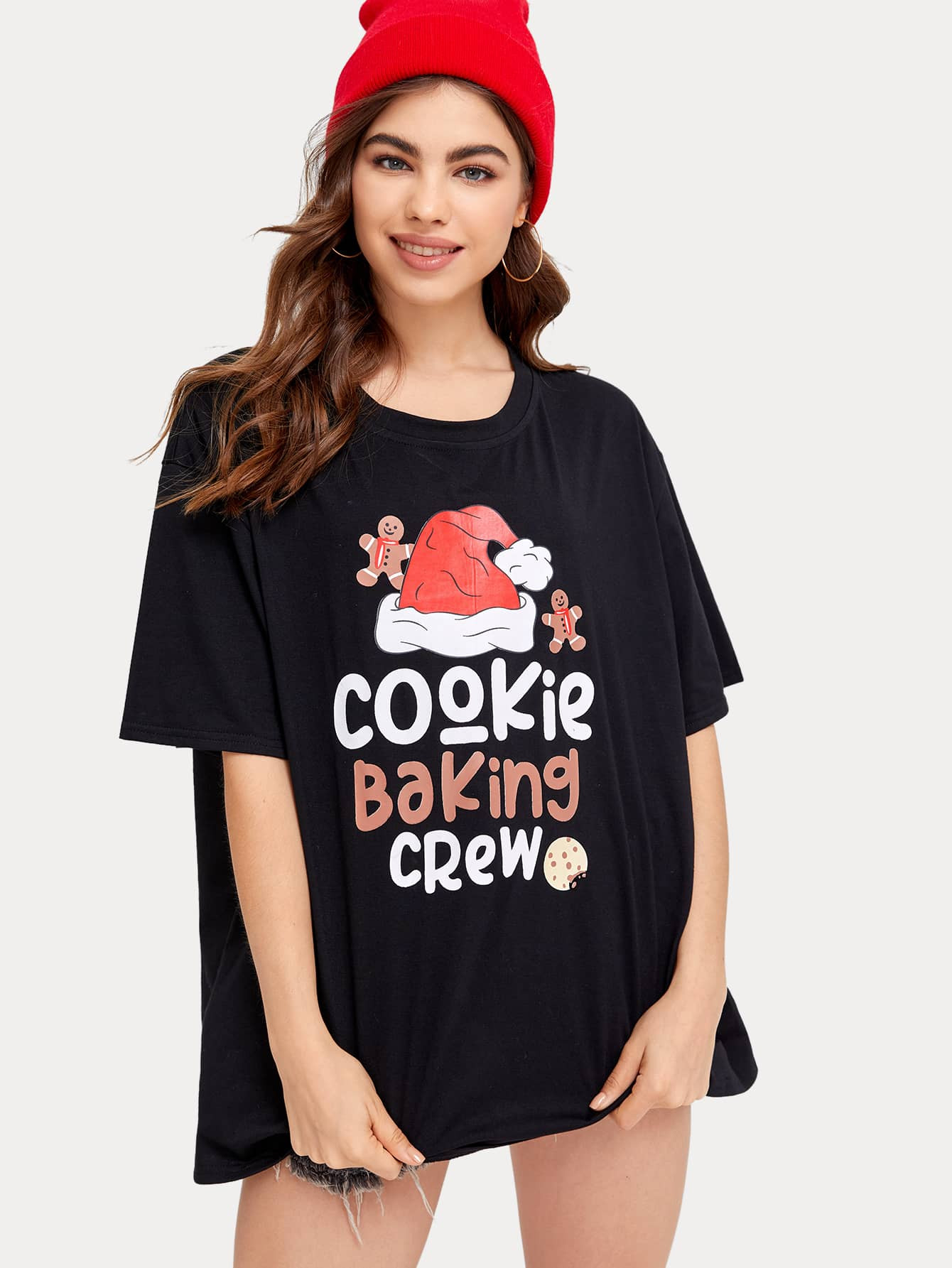 Christmas Hat & Letter Graphic Oversized Tee | ROMWE