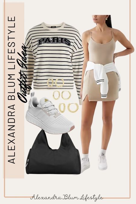 Cute casual outfit idea with a cute athletic dress and striped sweater Olympic themed top, athletic sneakers, black gym bag, and gold huggie earrings! Spring outfit idea! 

#LTKSeasonal #LTKshoecrush #LTKmidsize