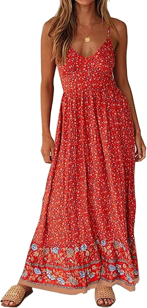 KIRUNDO Women's 2024 Summer Boho Floral Spaghetti Strap Maxi Dress V Neck High Waist Backless Flo... | Amazon (US)