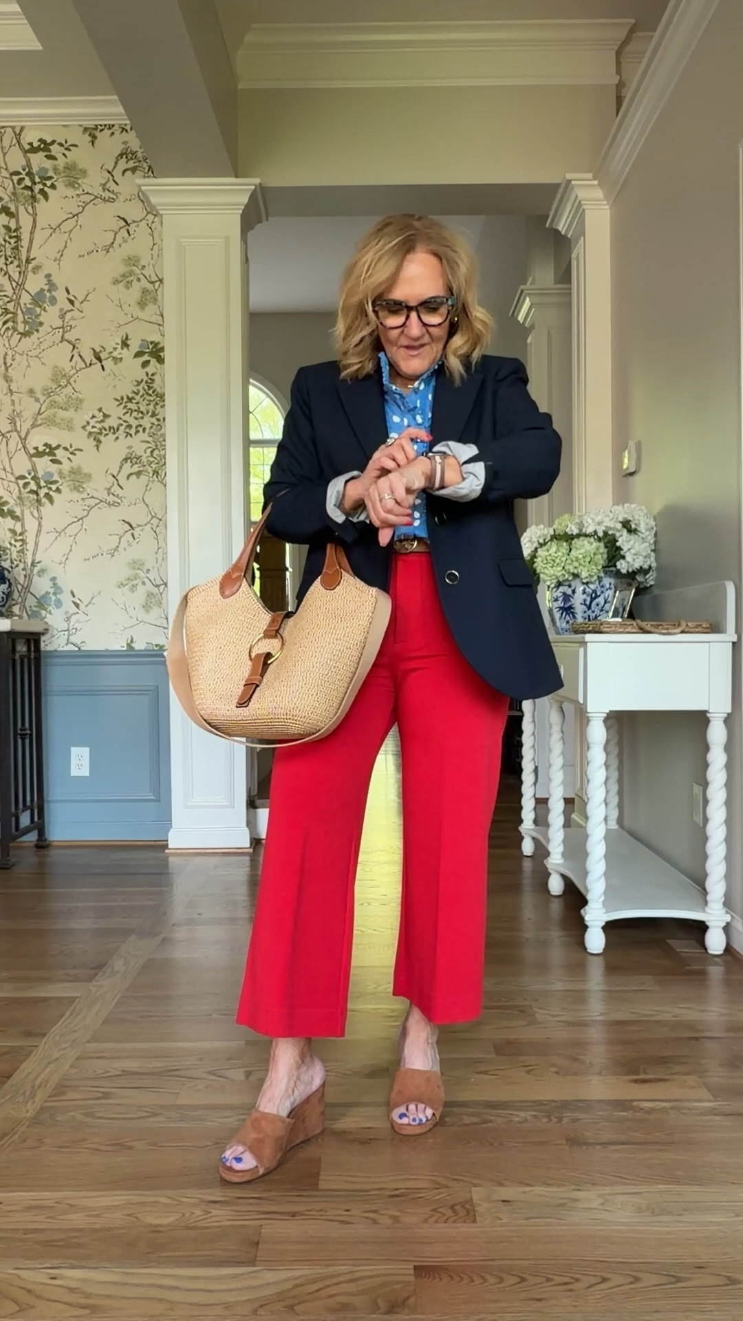 Knit Colette pants on sale. This is the red. I’m wearing a 29 petite. I could do the 29 reg. You might size up if inbetween. Or have a fuller tummy. 
Knit blouse from Boden. Darling. Size 10 regular 
Navy blazer size 10 petite 
There’s a 15% off Boden code when you get online. 
10% off my bag code NANETTE10
spring outfit Memorial Day outfit business casual 
20% off code for electric picks TAKE20

#LTKWorkwear #LTKOver40 #LTKSaleAlert