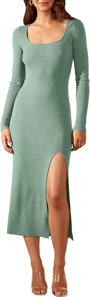 ANRABESS Women's 2023 Trendy Long Sleeve Sweater Dress Square Neck Side Slit Bodycon Ribbed Knit ... | Amazon (US)