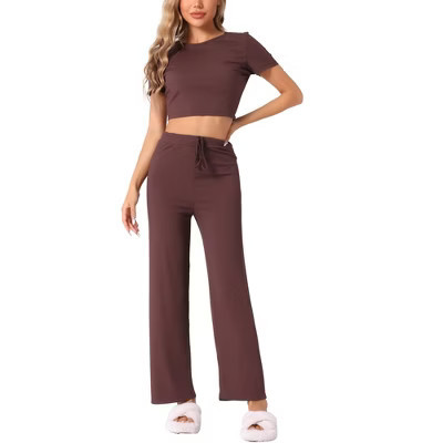 INSPIRE CHIC Women's Ribbed Knit Short Sleeve Crop Top with Pants Outfits Lounge Sets Brown Medium | Target