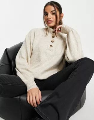 ASOS DESIGN sweater with button placket detail in oatmeal | ASOS | ASOS (Global)