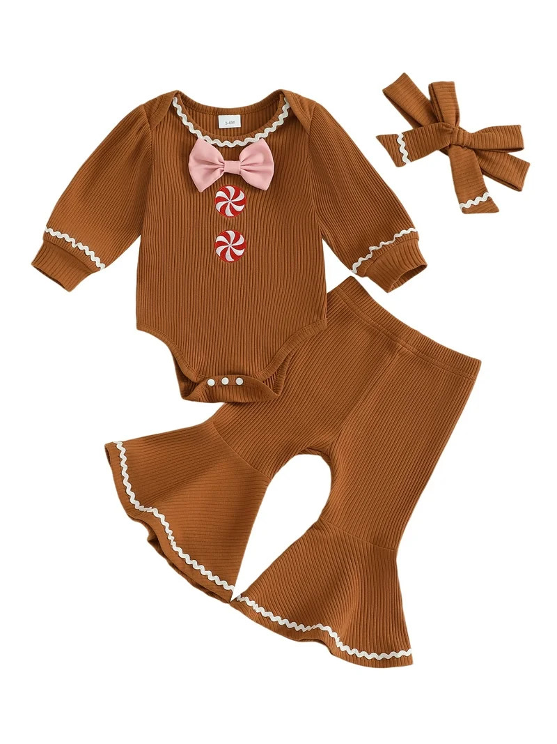 Qmyliery Baby Girl Christmas Outfits Gingerbread Man Long Sleeve Romper with Flare Pants and Head... | Walmart (US)