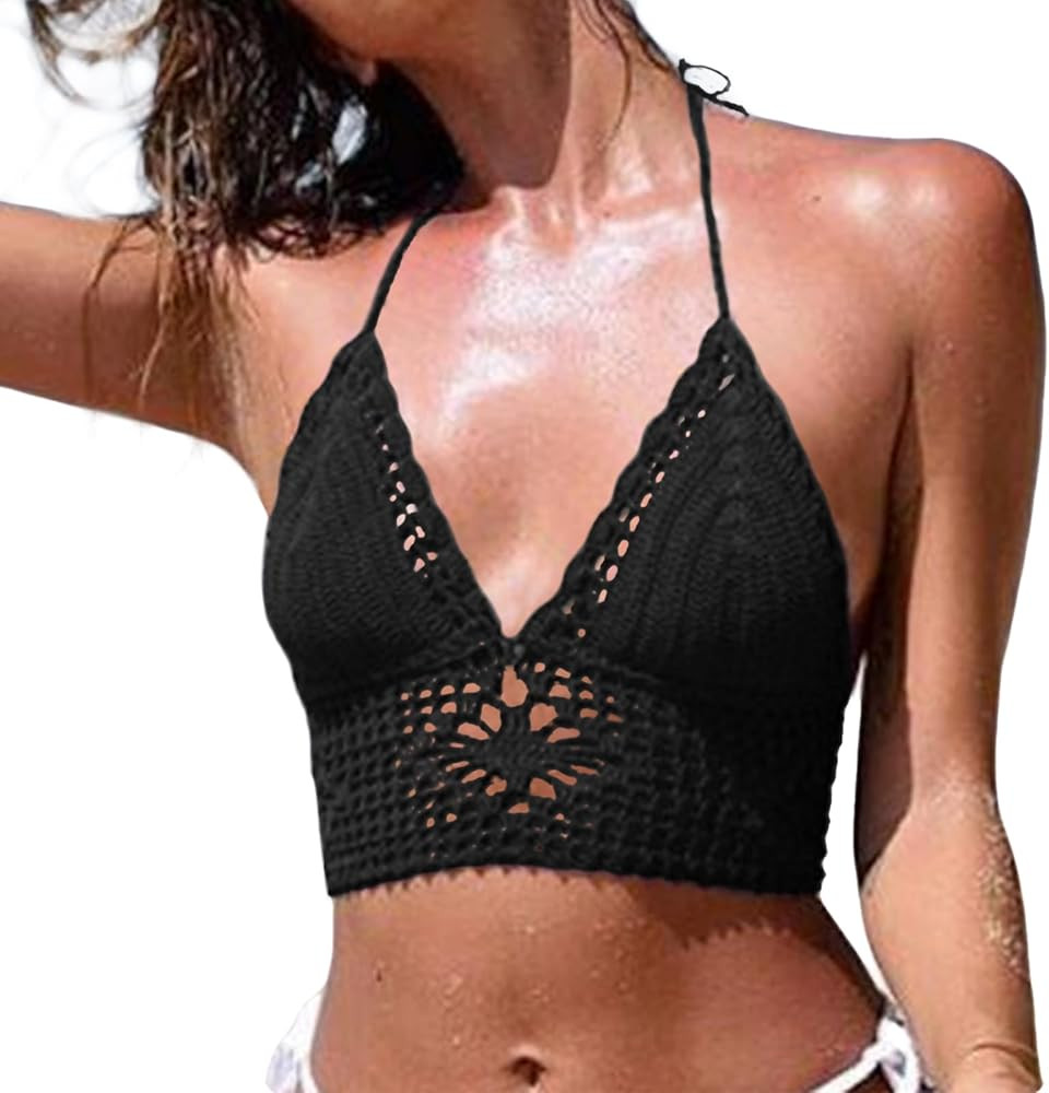 Crochet Halter Tops for Women Backless Camisole Knit Bra Tops Bralette Summer Beachwear | Amazon (US)