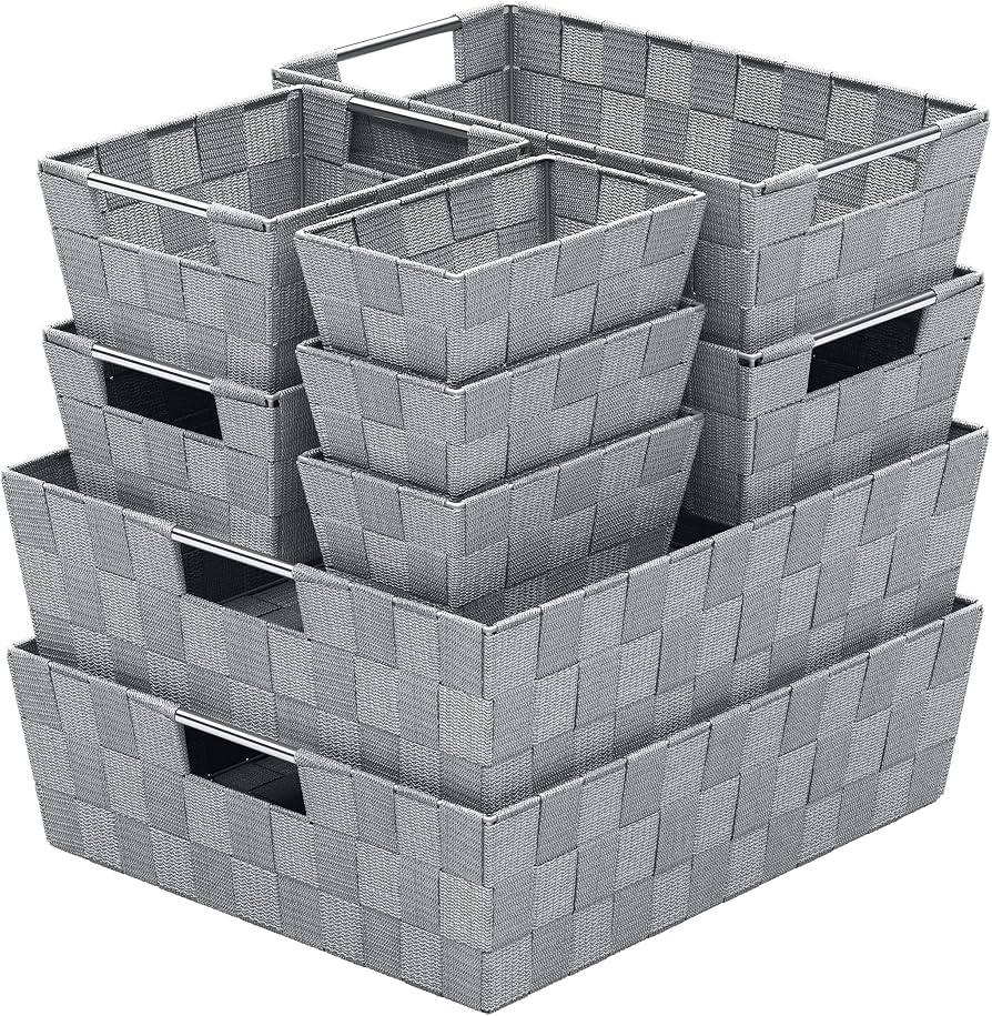 Woven Storage Baskets For Organizing - Set Of 9 Fabric Empty Organizer Bins With Handles - Great ... | Amazon (US)