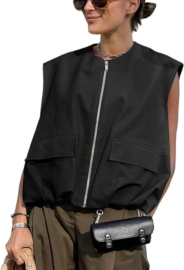 Yimoon Women’s Oversized Zip Up Cargo Vest Casual Ruched Hem Sleeveless Blazer Jackets Vest Top... | Amazon (US)
