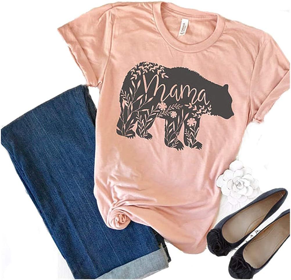 Women's Floral Mama Bear Print Crew Neck Short Sleeve T Shirts for Mom Mother's Gift | Amazon (US)