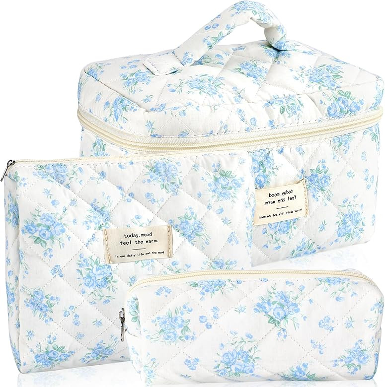 3Pcs Cotton Quilted Makeup Bag for Women Girls Large Small Travel Floral Cosmetic Bags Set Cute C... | Amazon (US)
