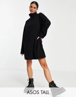 ASOS DESIGN Tall super soft turned cuff roll neck mini jumper dress in black | ASOS (Global)