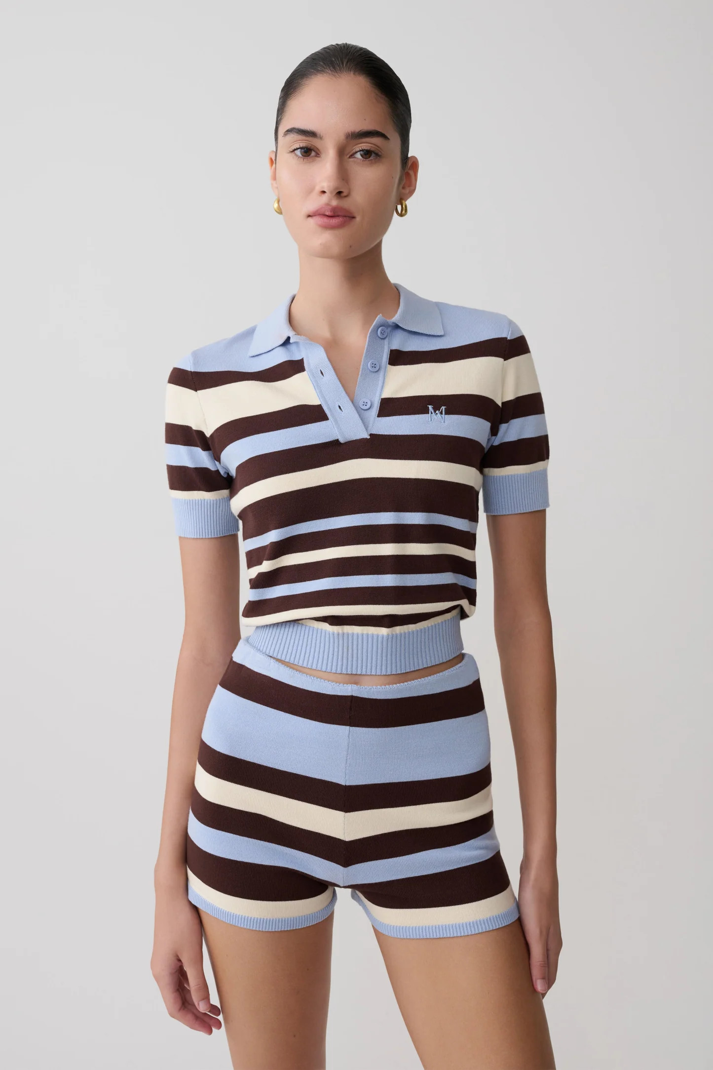 Philly Stripe Knit Button Up Top - Chocolate/Blue | Meshki UK