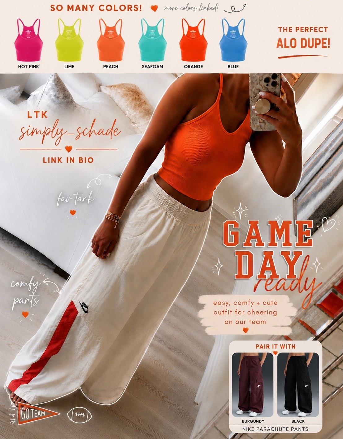 These tanks are my FAVORITE lately 😍 The PERFECT Alo dupe and soooo comfy!! I’m obsessed with all the bright colors for summer + game day vibes 🧡🙌

✨ Linked all my favorite tank colors below!
✨ The white/orange parachute pants are sadly out of stock 😭 BUT the black + burgundy are ON SALE and SOOO comfy!! Literally a must-have!

Grab them before they sell out!! 🛍️👇 #LTKFinds #LTKStyle #AloDupe #AmazonFashion #GameDayStyle #SummerStyle #ComfyStyle #AthleisureWear #OOTD #CasualChic #AmazonFinds #NikeStyle #LTKSaleAlert #FashionFinds #SimplySchade

#LTKootd #LTKActive #LTKmomlife