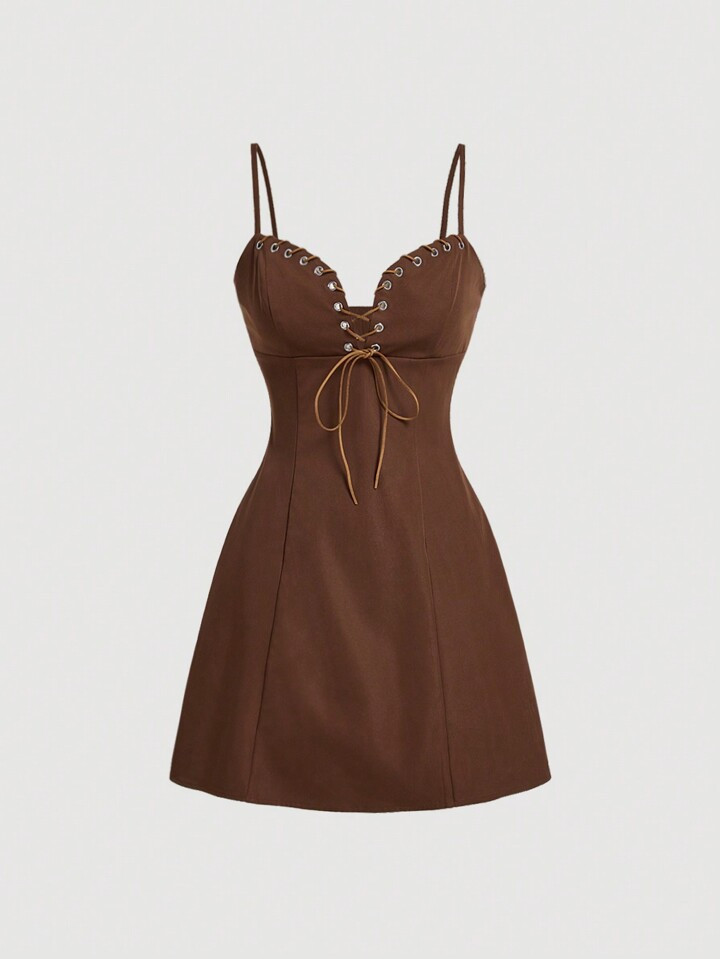 SHEIN MOD 70s Brown Metal Eyelet Drawstring Vintage Dress,School Dress,Going Out Dress,Western Style Dress | SHEIN