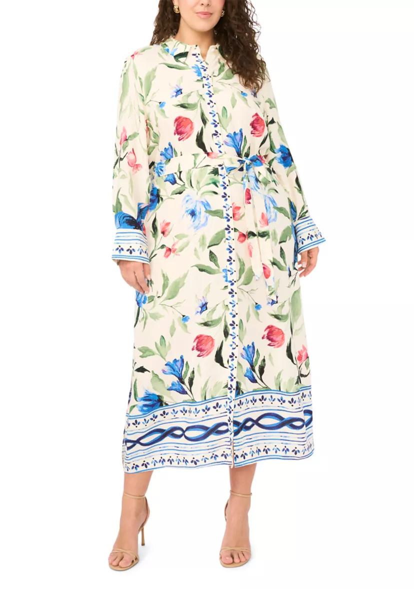 Plus Sleeve Challis Long Sleeve Collared Dress | Belk