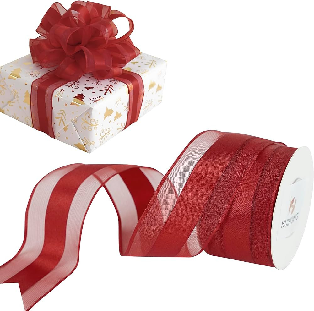 HUIHUANG Red Sheer Wired Ribbon with Satin Stripe 1-1/2" Red Wired Ribbon for Christmas Tree, Bow... | Amazon (US)