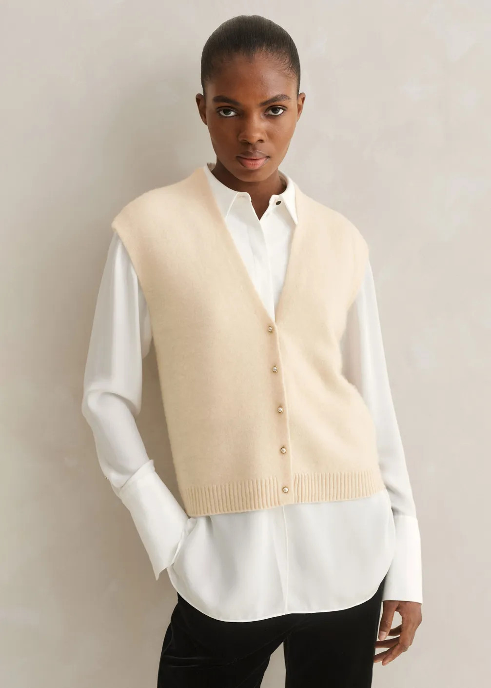 Boiled Cashmere V-Neck Relaxed Pearl Button Vest | ME+EM Global (Excluding US)