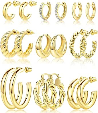 Adoyi 9 Pairs Gold Hoop Earrings Set for Women Gold Twisted Huggie Hoops Earrings 14K 18K Gold Pl... | Amazon (US)