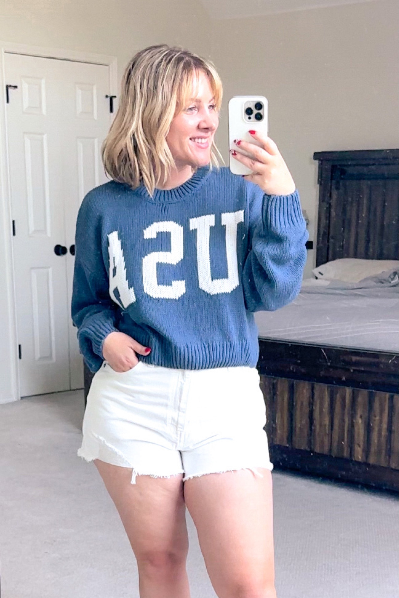 4th of July outfit, what to wear on Fourth of July, USA sweater look, red white and blue outfit idea, patriotic outfit, Ripped white shorts outfit, Independence Day ootd 

Sweater: size M (runs small/cropped)
Shorts: size 10/31

#LTKsalealert #LTKstyletip #LTKSeasonal