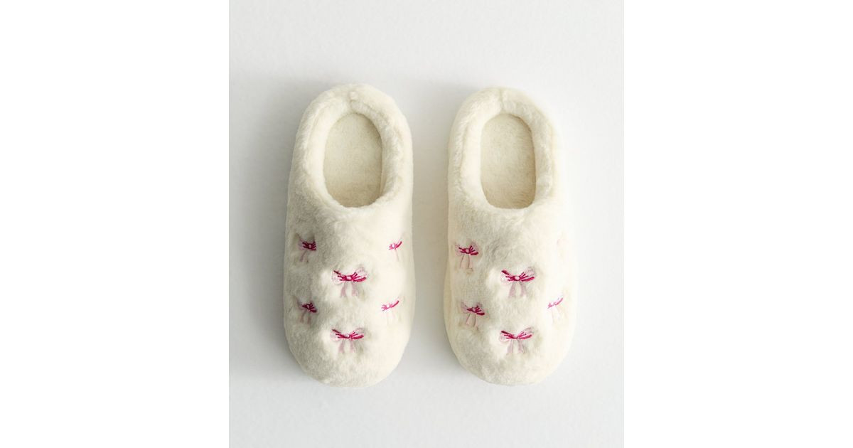 Off White Faux Fur Bow Embroidered Mule Slippers | New Look | New Look (UK)