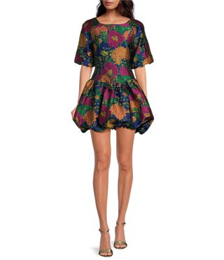 Floral Jacquard Round Neck Short Puff Sleeve Bubble Hem Mini Dress | Dillard's