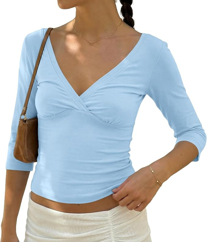 BAIGRAM Womens 3/4 Half Sleeve Deep V Wrap Neck Ruched Crop Tops Open Back Tshirt Y2k Vintage Min... | Amazon (US)