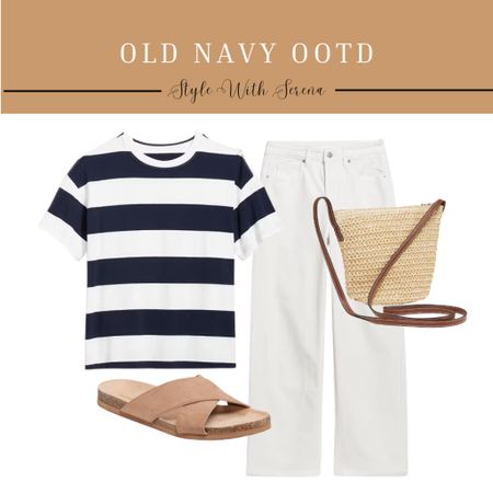 Old navy outfit, casual outfit, striped shirt, white denim, white jeans, sandals, handbag, summer outfit 

#LTKStyleTip #LTKSeasonal #LTKFindsUnder50