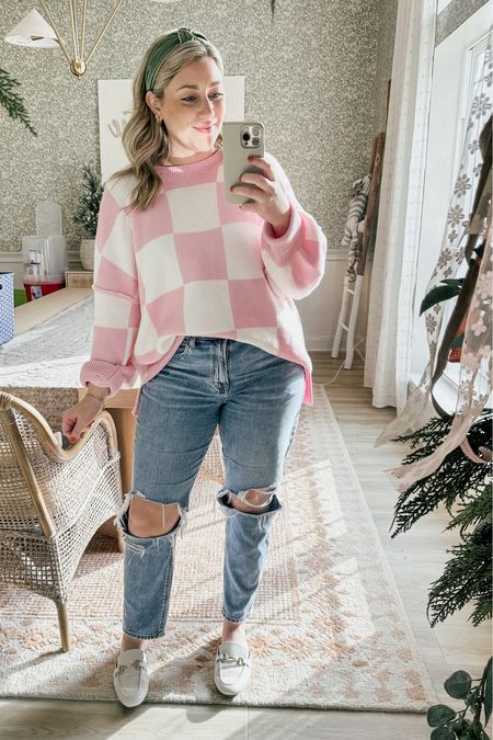 #ootd amazon sweater in size large! Fave mom jeans ever! Amazon mules true to size! Anthro headband comes in 9 colors and on sale! 

#LTKmidsize #LTKSeasonal #LTKCyberWeek