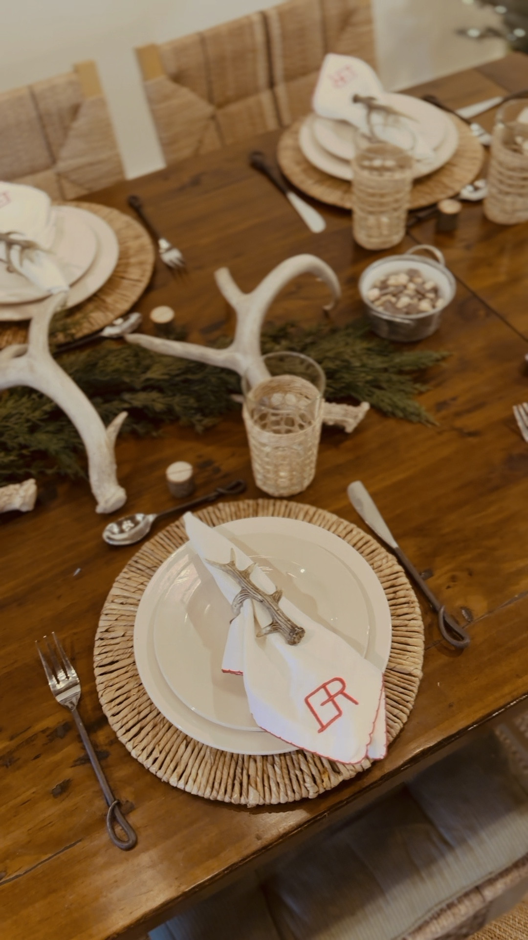 I grabbed these deer shed napkin rings to make our table feel a little more like fall - I love that they are a style that is not holiday specific. I also found these wonderful napkins with a red border and had them personalized to the ranch. These will be wonderful for Valentine’s Day and Fourth of July and also Christmas. Christmas is such a short season that I didn’t want to buy things that were too specifically of that season because I just won’t get enough use out of them. Everything I have tagged here is stuff that I use constantly year-round and love to pull out for hosting.

#LTKHoliday #LTKhome #LTKparties
