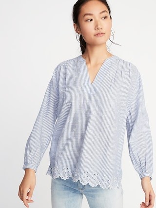 Striped Slub-Weave Eyelet Blouse for Women | Old Navy US