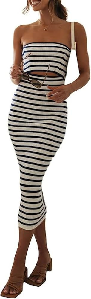Thopavenoir Women's Knit Strapless Maxi Dress Side Cutout Backless Ribbed Long Dresses Bodycon Y2... | Amazon (US)