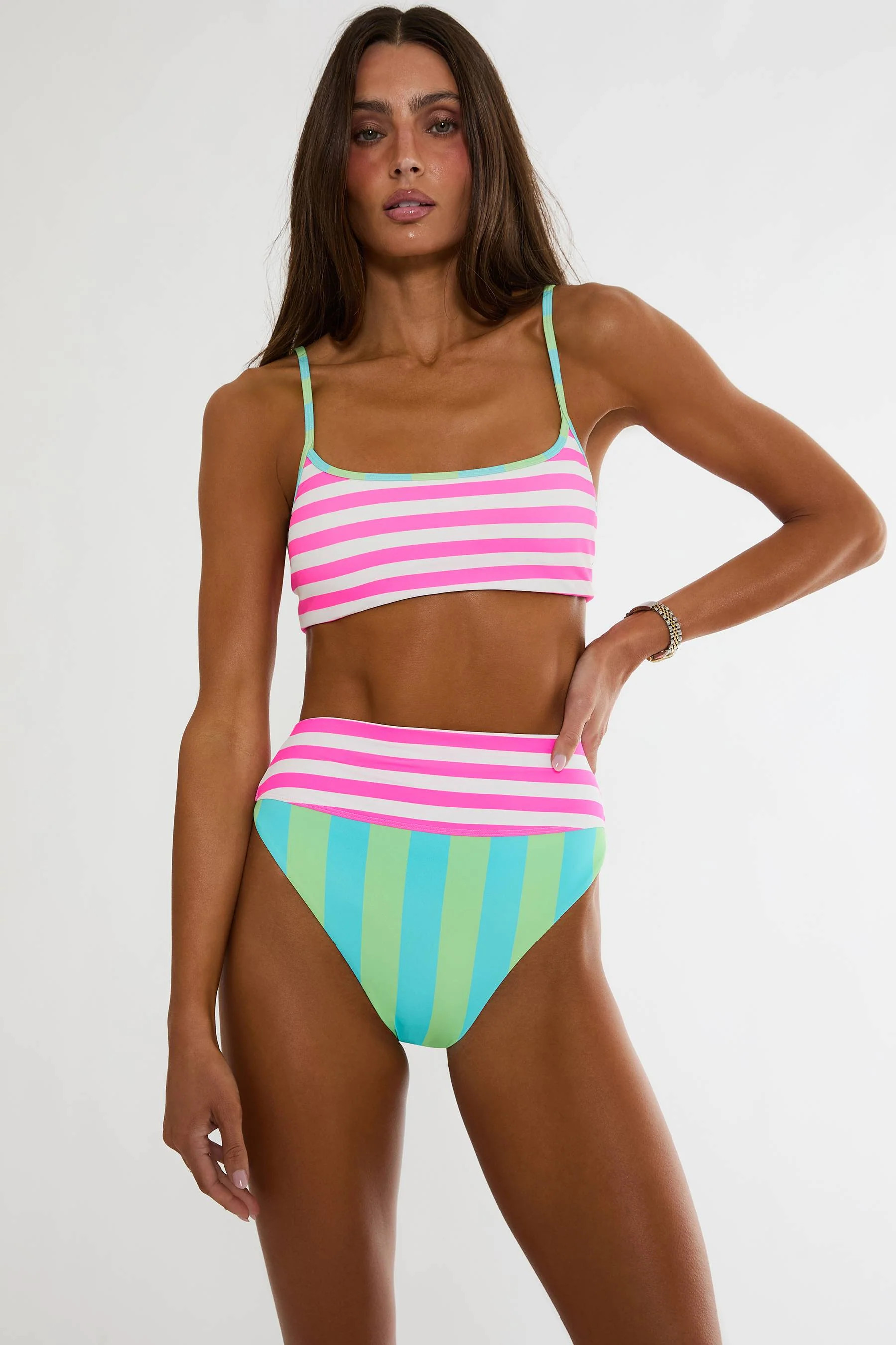 Val Top Cove Stripe | Neon Pink & White Striped Bikini Top | Beach Riot | Beach Riot