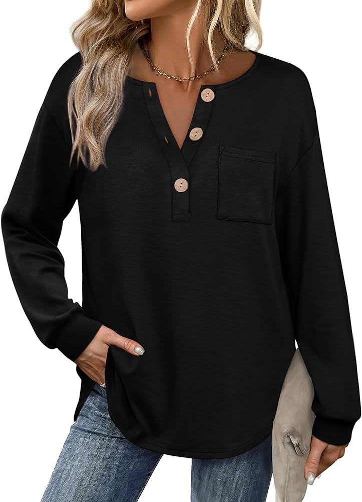 OFEEFAN Womens Tops Long Sleeve Curved Hem Tunic Tops V Neck Henley Shirts for Women Dressy Casua... | Amazon (US)