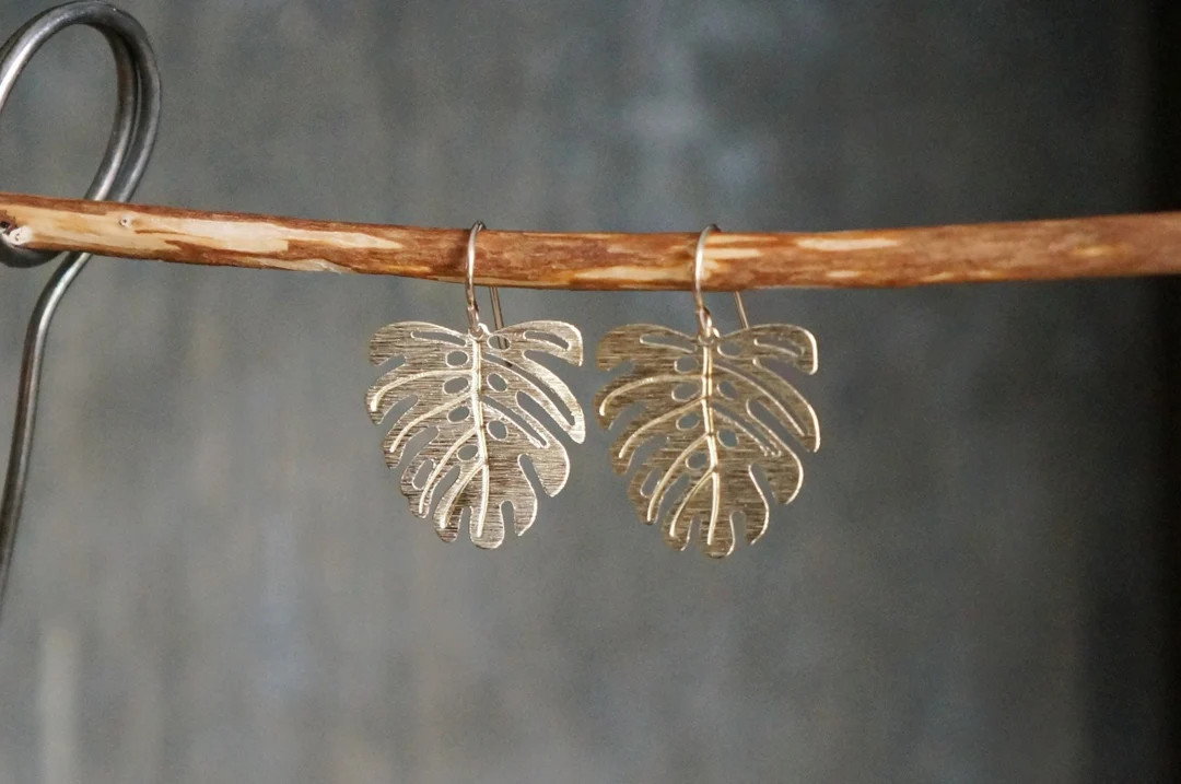 Monstera Earrings // Brushed Brass Monstera Leaves on - Etsy | Etsy (US)