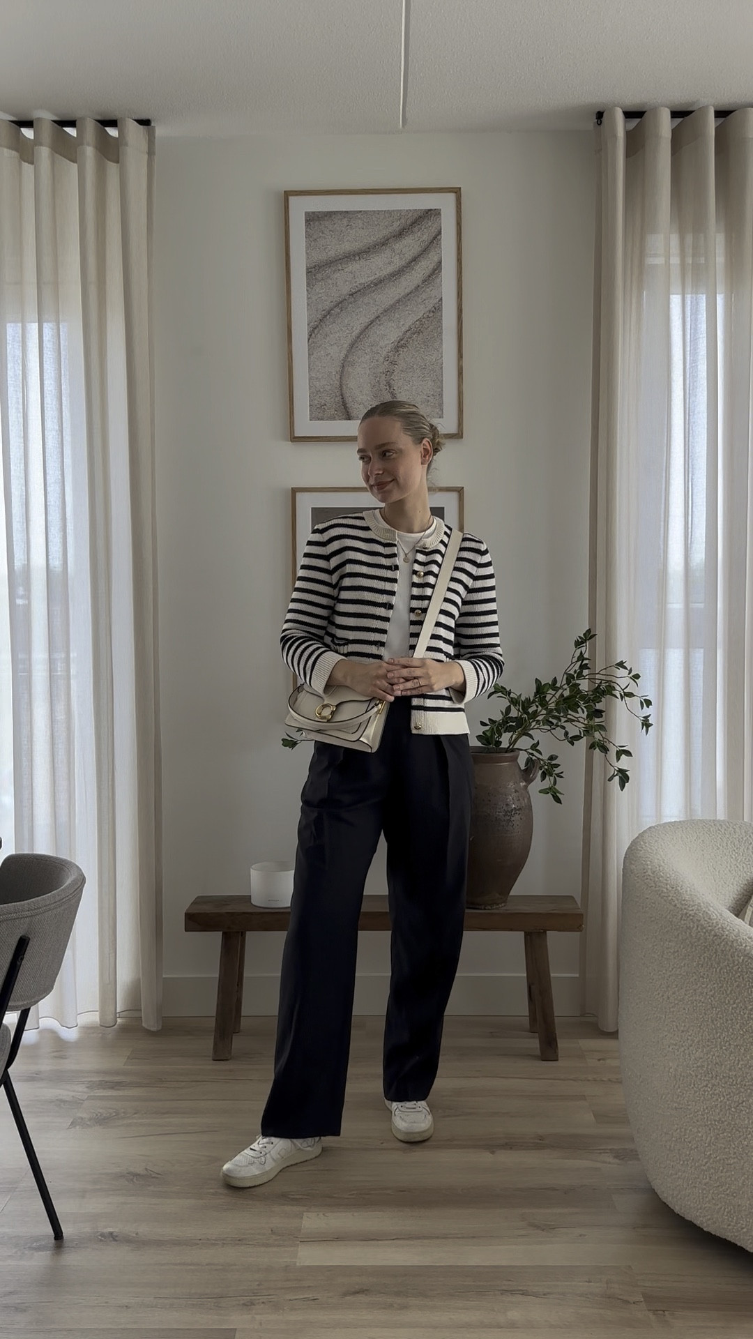 Autumn outfit 🍂 striped black and white cardigan, white Arket T-shirt, wool blouse trousers and white Veja sneakers 

#LTKSeasonal #LTKstyletip #LTKeurope