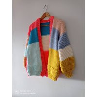 Rainbow Chunky Knit Cardigan, Oversized Colorblock Sweater, Handmade Gift For Her By Bydna | Etsy (US)