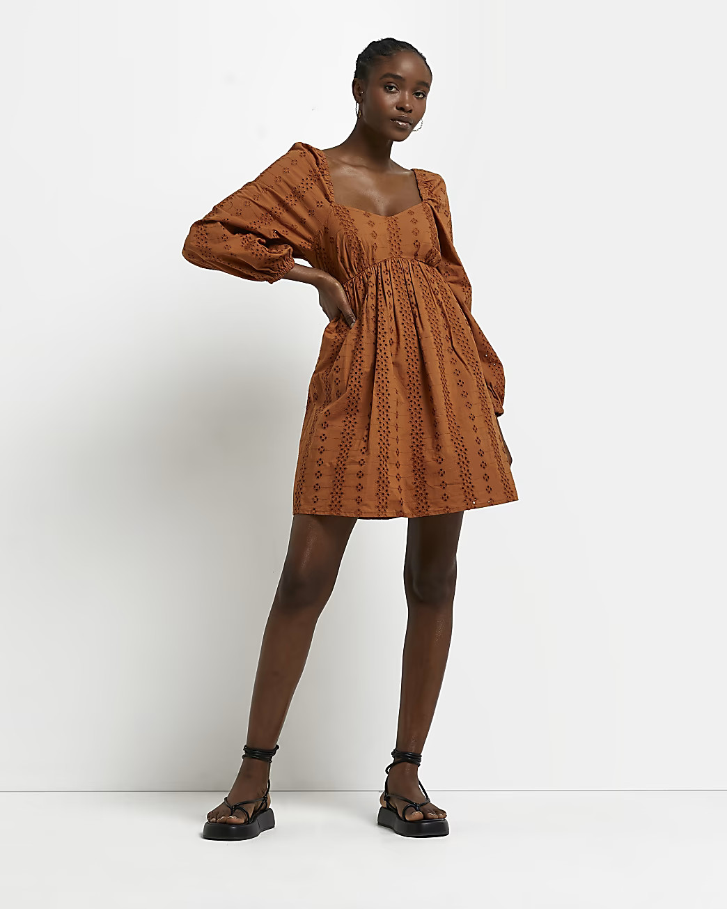 Rust broderie smock mini dress | River Island (UK & IE)