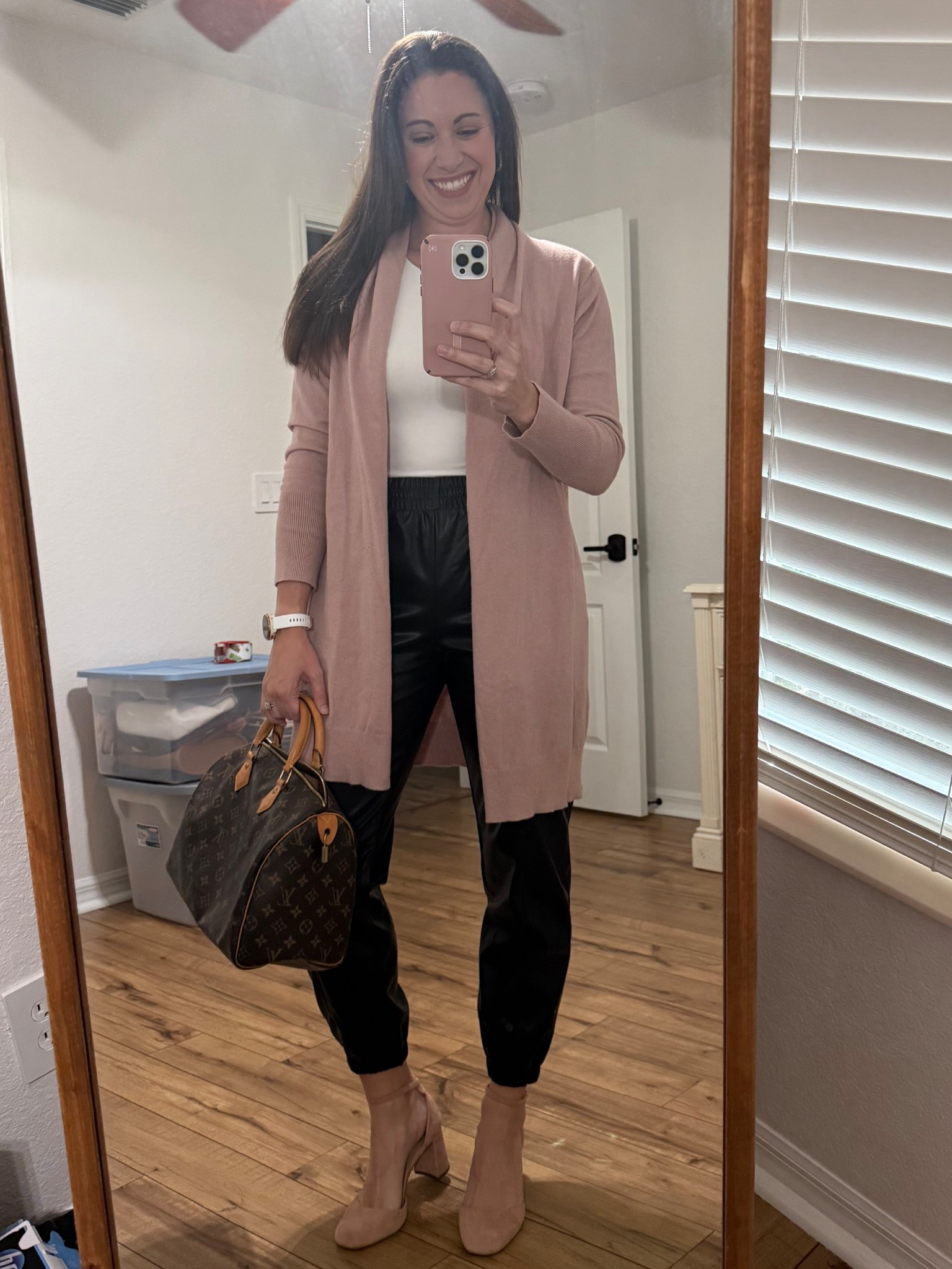 Dinner fit check! I wanted to look a little edgy, chic and dressed up enough for a steak house double date night! Got these incredible “leather” joggers from Amazon and they have served me so well! Fit true to size! I made them my statement piece coupled with my suede pink/mauve heels and cardigan! 

#LTKootd #LTKgrwm #LTKdayinmylife