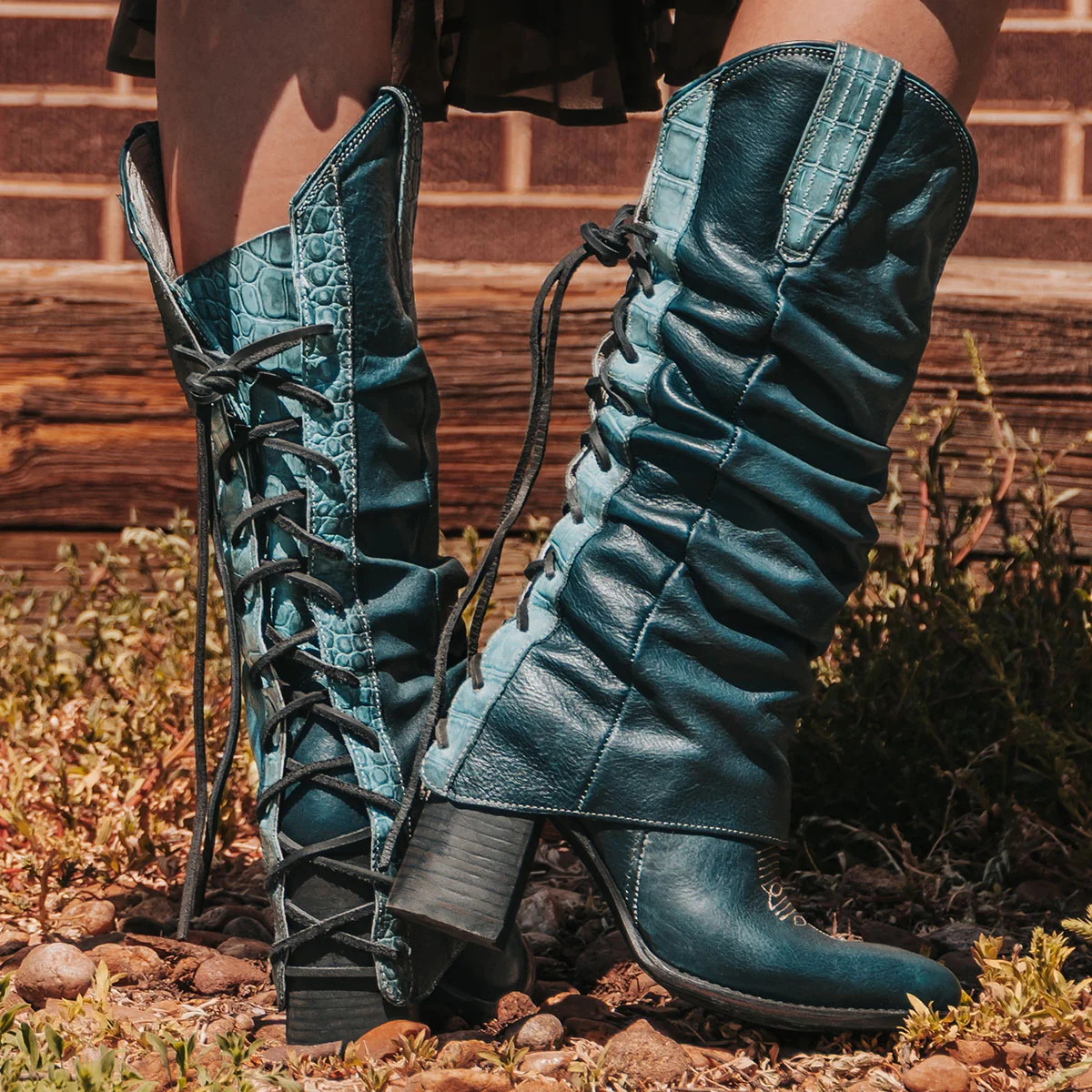 JULES Women's Back Lace Pointed Toe Tall Boot Blue | Freebird Stores | Shop Women's Blue Pointed ... | Freebird