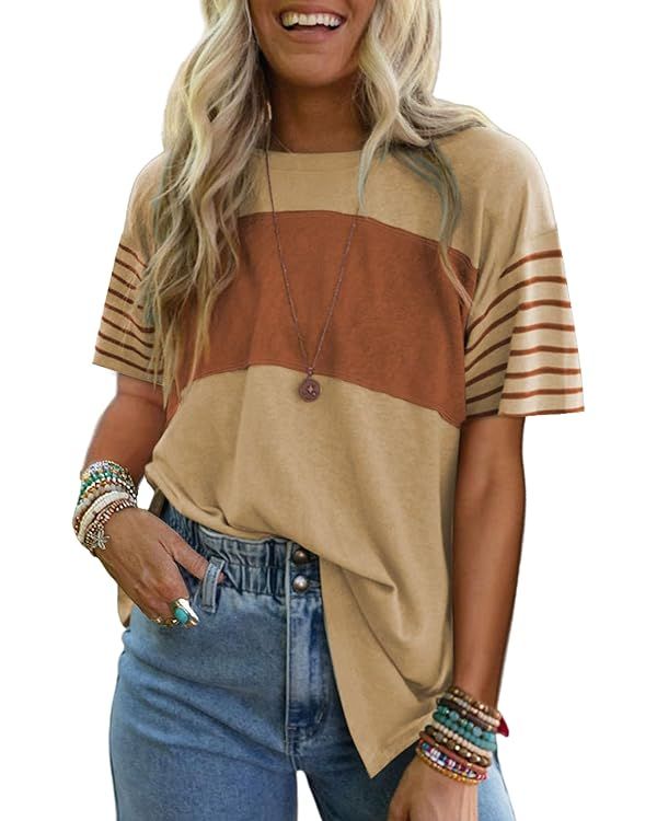 SHEWIN Womens Casual Short Sleeve Shirts Loose Crewneck Color Block Tshirts Tops | Amazon (US)
