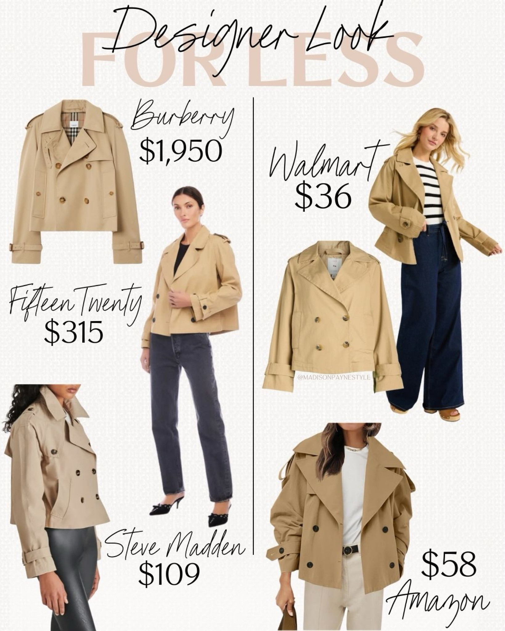 Cropped trench coats designer looks for less ✨ cropped trench coats are currently trending for fall and Walmart and Amazon have some great designer looks for less! Walmart’s version is $36 and Amazon’s is $58. Designer coats including Steve Madden is $109, Fifteen Twenty is $315 and Burberry is $1,950 😳 more styles linked below!

Trench coats, cropped trench coat, fall jacket, fall coat, designer look for less, look for less, fall outfit, Walmart trench coat, Walmart jacket, Amazon trench coat, Amazon jacket, Burberry, fifteen twenty, Steve Madden, Madison Payne 

#LTKSeasonal #LTKStyleTip #LTKFindsUnder100