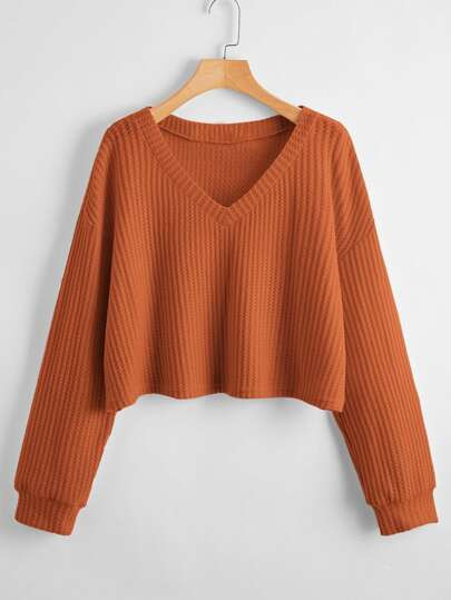 Plus Solid V-Neck Waffle Knit Tee | SHEIN