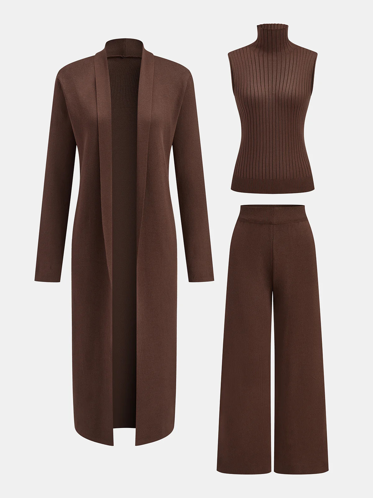 Three-Piece Knit Turtleneck Top Cardigan Pants Set | Commense