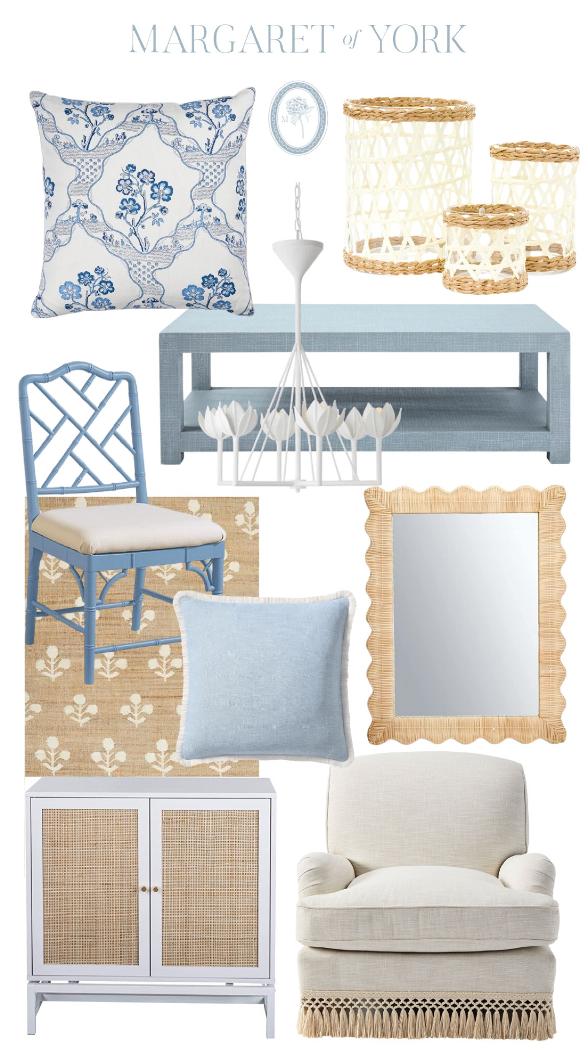 Blue and white interior, interiors, blue and white home, block print, classic interiors, coastal style, coastal, interior style, coastal blue, blue and white, rattan mirror, block print rug, blue coffee table, grand millennial, chinoiserie, 