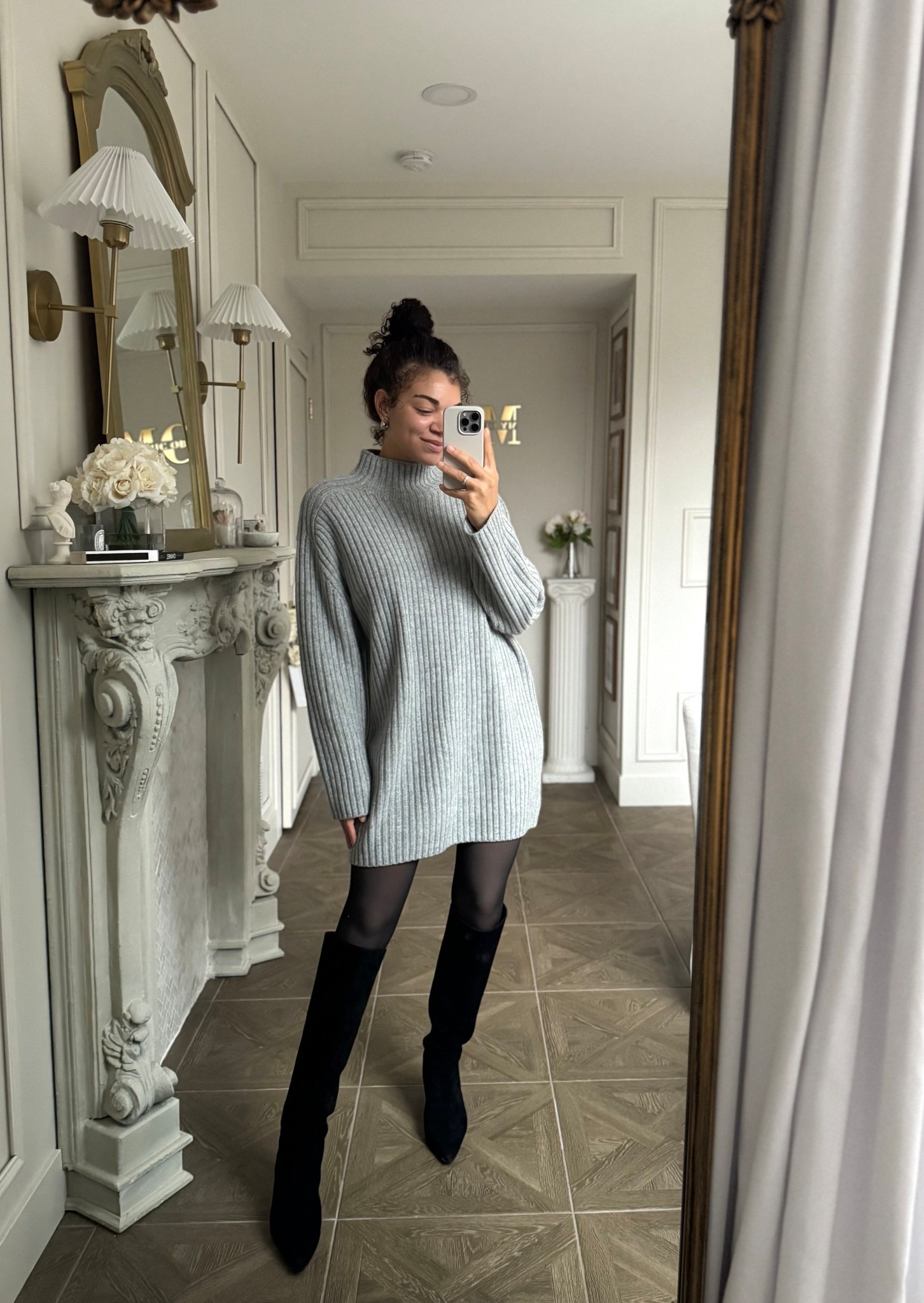 Winter outfit with a sweater dress, tights, and suede knee high boots 

#LTKootd