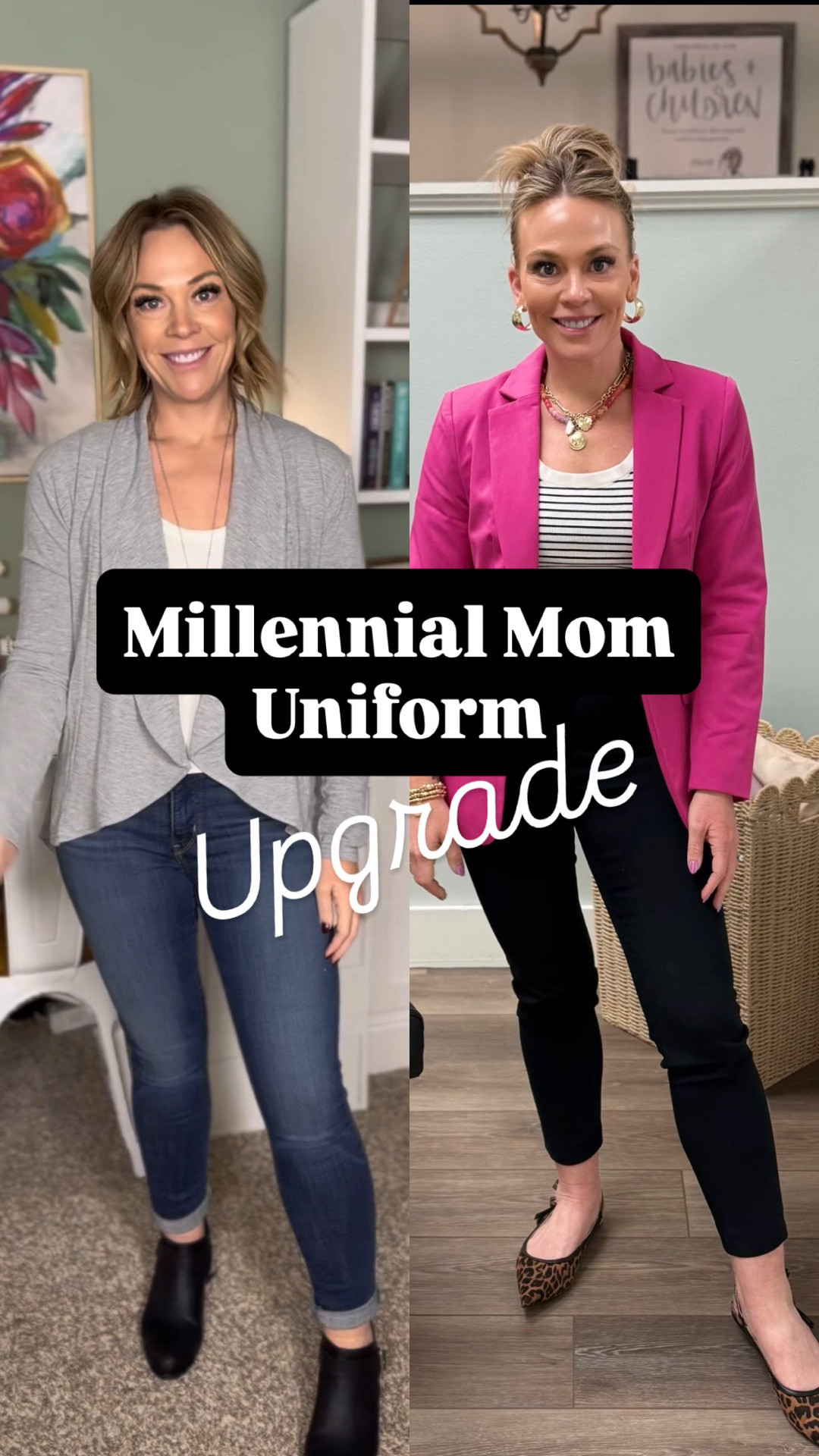 millennial mom uniform upgrade ep. 23 🩷

if you’re still holding onto your skinny jeans… this is your sign🫶

we’re letting go of the rolled skinnies + waterfall cardigan (2016, we had a good run)
and stepping into something that actually feels like now

→ straight cut black pants (still comfy, just cooler)
→ slightly oversized blazer… in HOT PINK because we’re done playing it safe🩷
→ swap the ankle booties for a leopard pointed toe slingback (instant personality)🐆
→ add a fun fringe bag and suddenly your outfit has something to say😎

this is what i mean by upgrading… not starting over

same comfort
just styled with intention✌️

follow along if you’re ready to feel like yourself again without overthinking it 🩷🫶✌️

#millennialmomstyle #momoutfits #styleover40 #styleover30 #effortlessstyle

millennial mom outfits, mom outfit ideas 2026, how to style blazer outfits, straight leg pants outfit, business casual mom style, outfit ideas for women 35+, comfy but cute outfits, how to update your wardrobe, modern mom style, casual chic outfits

#LTKgrwm #LTKootd #LTKOver40