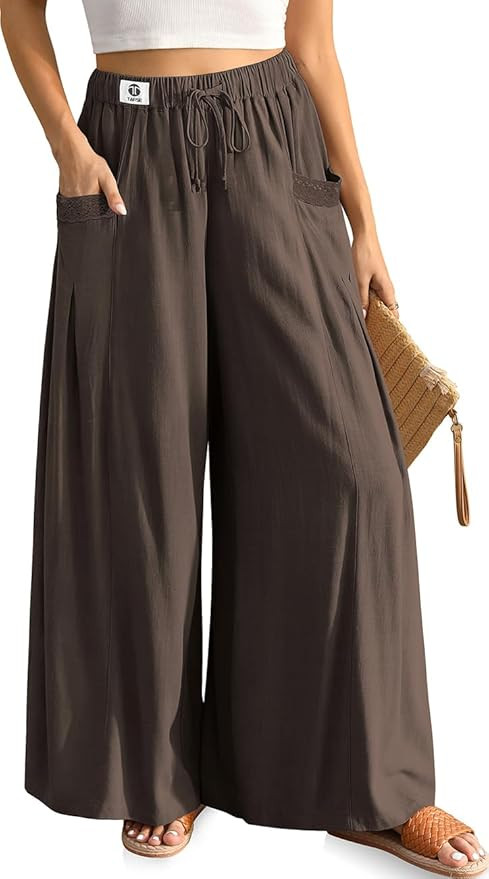 TARSE Women's Linen Wide Leg Pants Flowy Palazzo Trendy Casual Lounge Boho Drawstring Trousers Su... | Amazon (US)