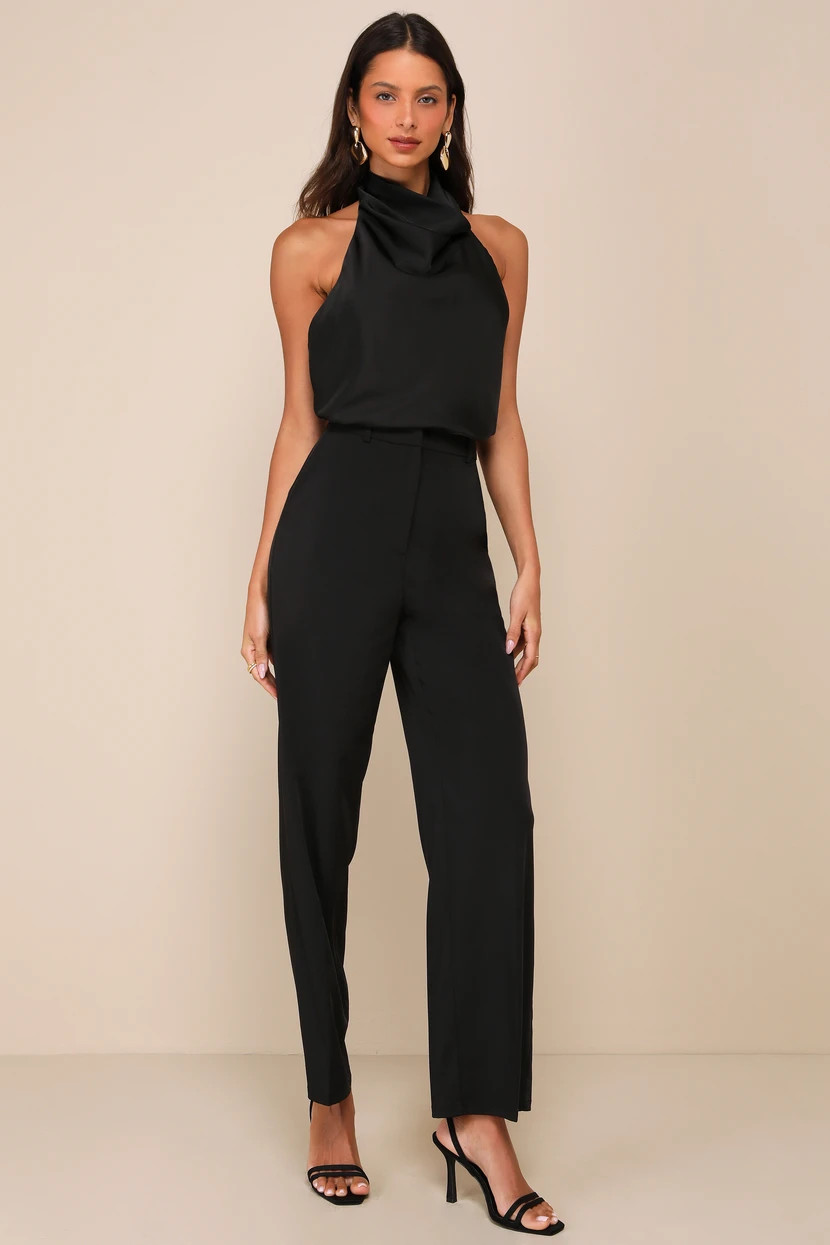 Chic Event Black Satin Cowl Backless Halter Top | Lulus