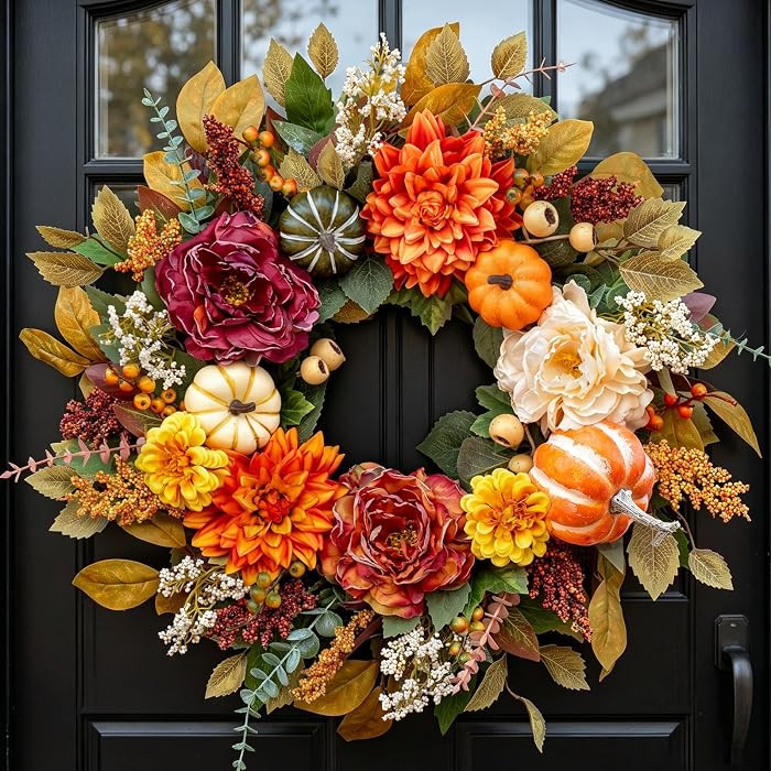 Fall Wreaths for Front Door 24 Inch Beautiful Fall Wreath with Pumpkins, Artificial Flowers & Lea... | Amazon (US)