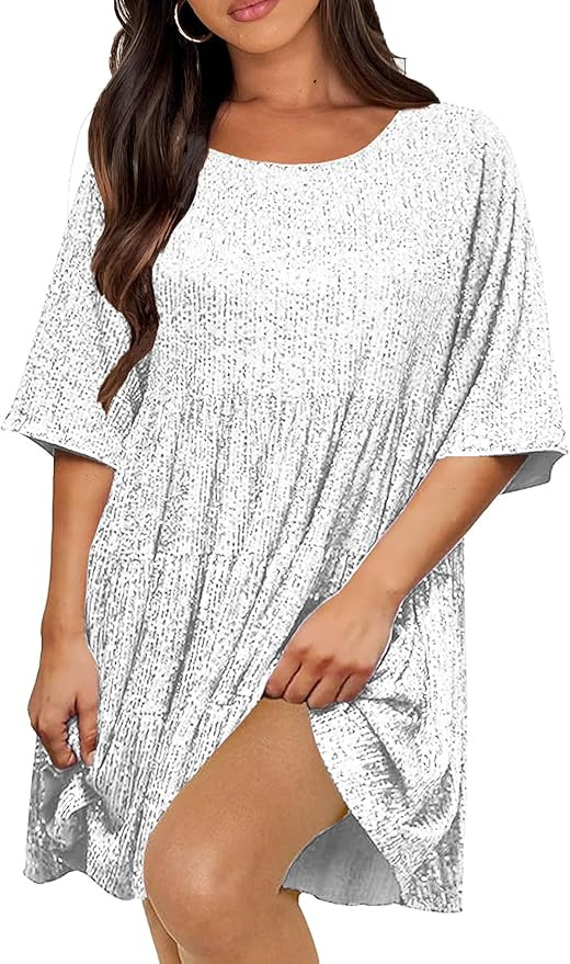 Women Sequin Dress Sparkly Giltter Round Neck Short Sleeve A-Line Loose Swing Tunic Dress Disco P... | Amazon (US)
