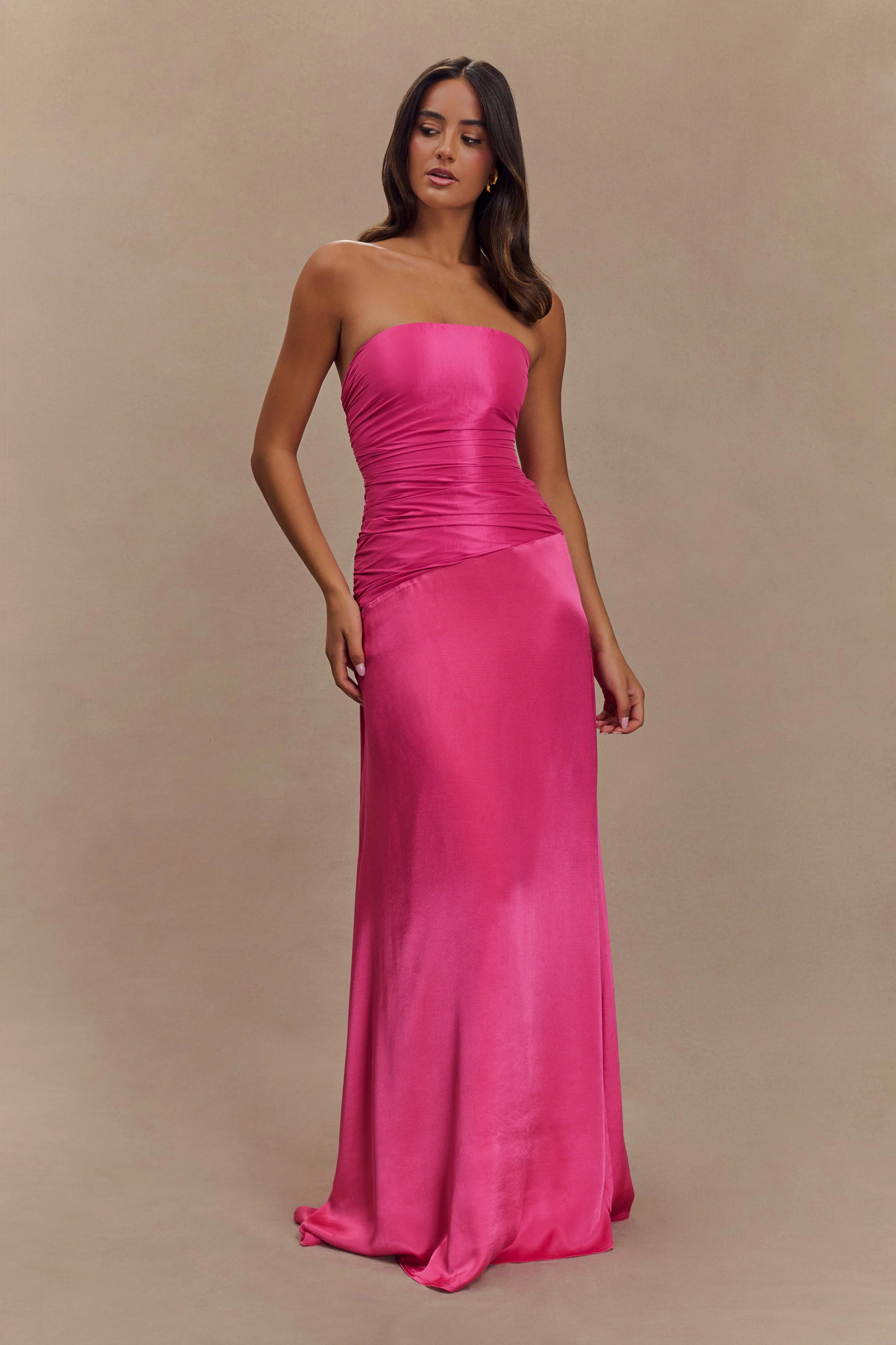 Strapless Taffeta Maxi Dress - Crimson Pink | MESHKI US